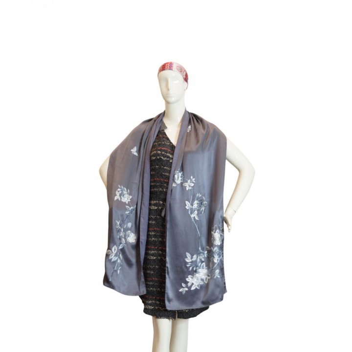 Silk scarf hand-embroidered with flower and leaf 40*200 cm-Model 3